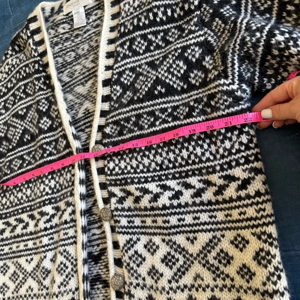 Wool Blend Long Cardigan Sweater Black white fair isle metal buttons Small